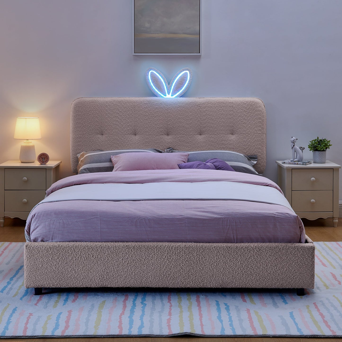 Queen Size Upholstered Bed with Rabbit Ear Headboard & Storage in beige by HouseOfZazla on Tampa Home & Garden Store