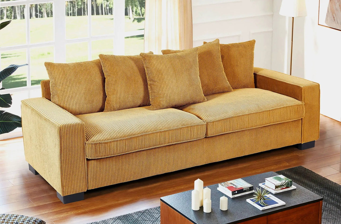3-seat stationary Luxe sofa in mustard corduroy with 5 toss pillows by Unique Piece Furniture on Tampa Home & Garden Store