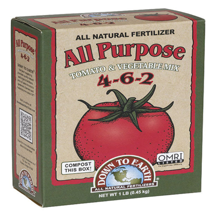 Down To Earth All Purpose 4-6-2 fertilizer box with tomato graphic, green packaging on Tampa Home & Garden Store