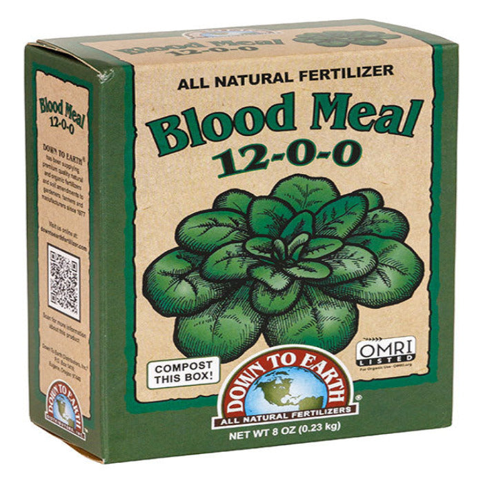Blood Meal 12-0-0 all-natural fertilizer box with Down To Earth branding on Tampa Home & Garden Store