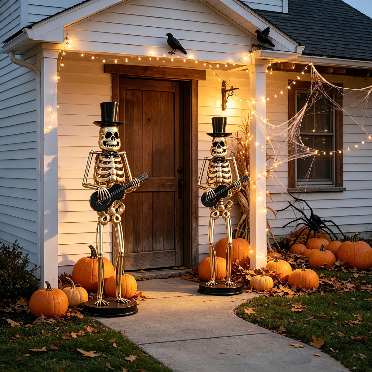 Two black metal skeleton musicians with top hats playing guitars on a pumpkin-strewn porch on Tampa Home & Garden Store