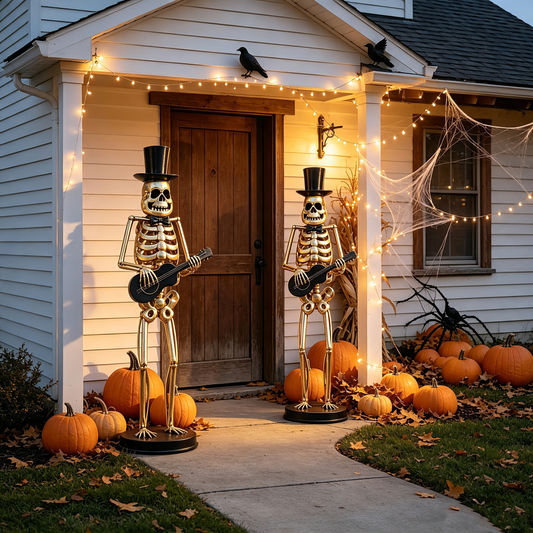 Two black metal skeleton musicians with top hats playing guitars on a pumpkin-strewn porch on Tampa Home & Garden Store