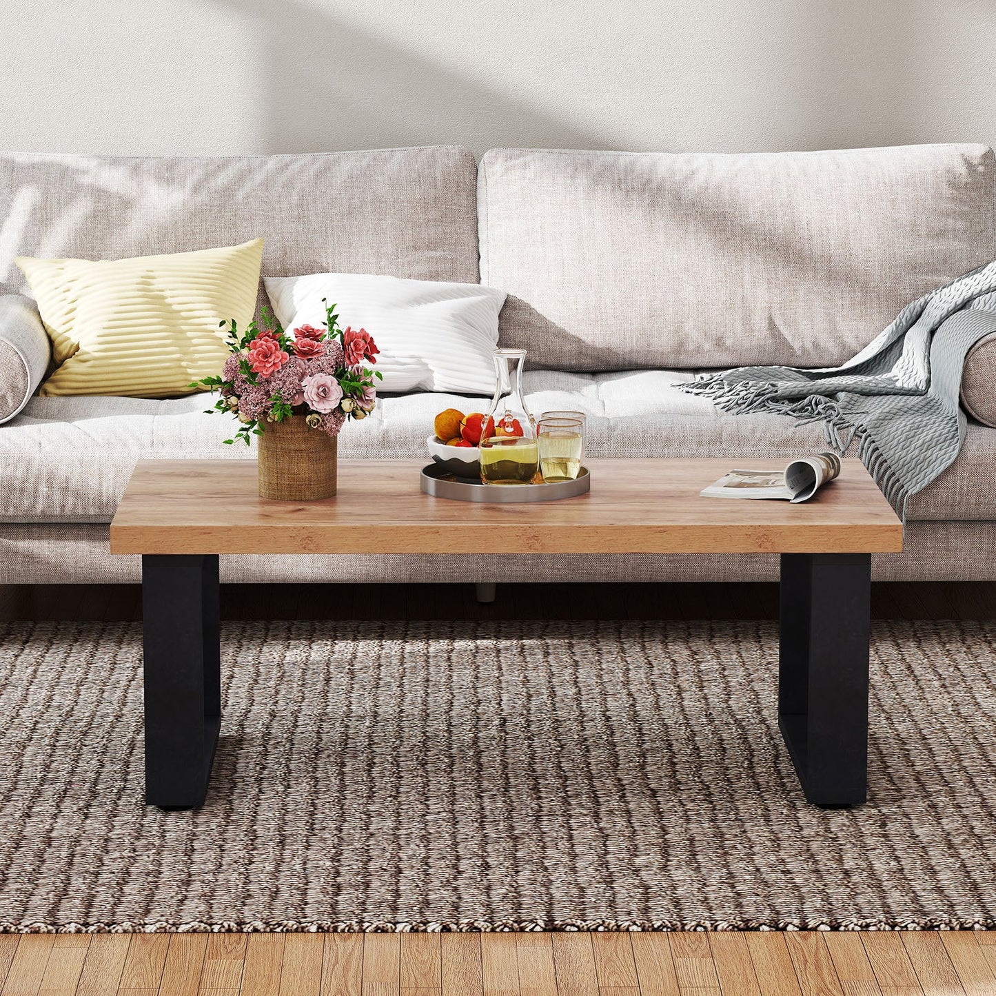 47 inch Farmhouse Style Rustic Coffee Table with Thickened Tabletop and Natural Wood Texture-Oak