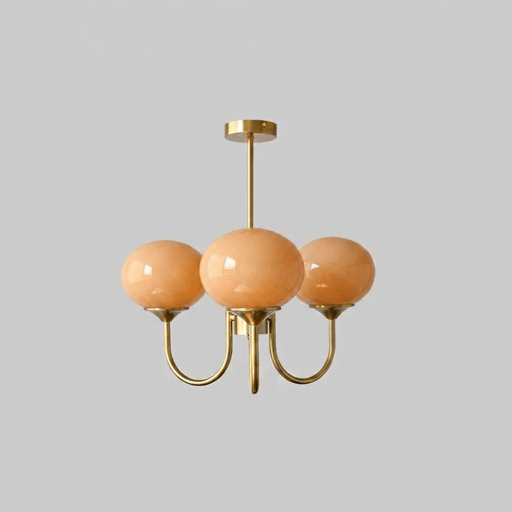 Chandelier Moktan Sabai Marshmallow: 3 peach glass bubbles, pink shades, gold finish on Tampa Home & Garden Store