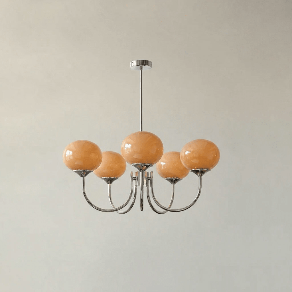 Chandelier Moktan Sabai Marshmallow glass bubble 5-globe, pink shades, chrome arms on Tampa Home & Garden Store