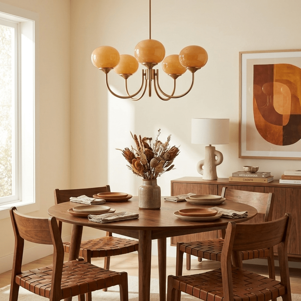 Chandelier Marshmallow hand-sprayed pink glass bubbles for warm dining room lighting on Tampa Home & Garden Store