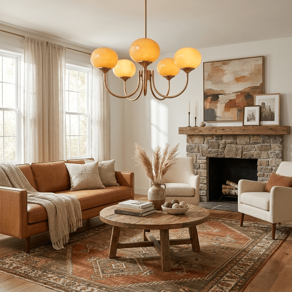 Chandelier Moktan Sabai Marshmallow glass bubble fixture with amber shades, six brass globes on Tampa Home & Garden Store