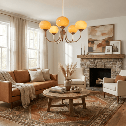 Chandelier Moktan Sabai Marshmallow glass bubble fixture with amber shades, six brass globes on Tampa Home & Garden Store