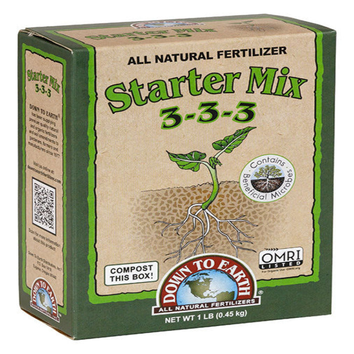 Down To Earth Starter Mix 3-3-3 fertilizer with myco, all natural formula, 1 lb box on Tampa Home & Garden Store