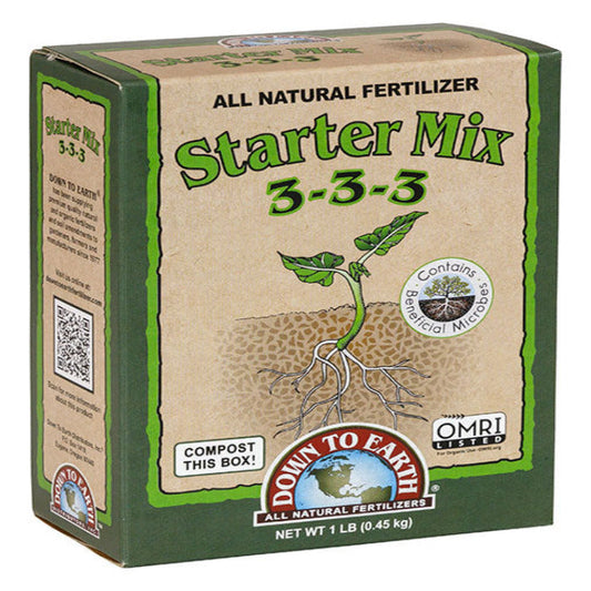 Down To Earth Starter Mix 3-3-3 fertilizer with myco, all natural formula, 1 lb box on Tampa Home & Garden Store