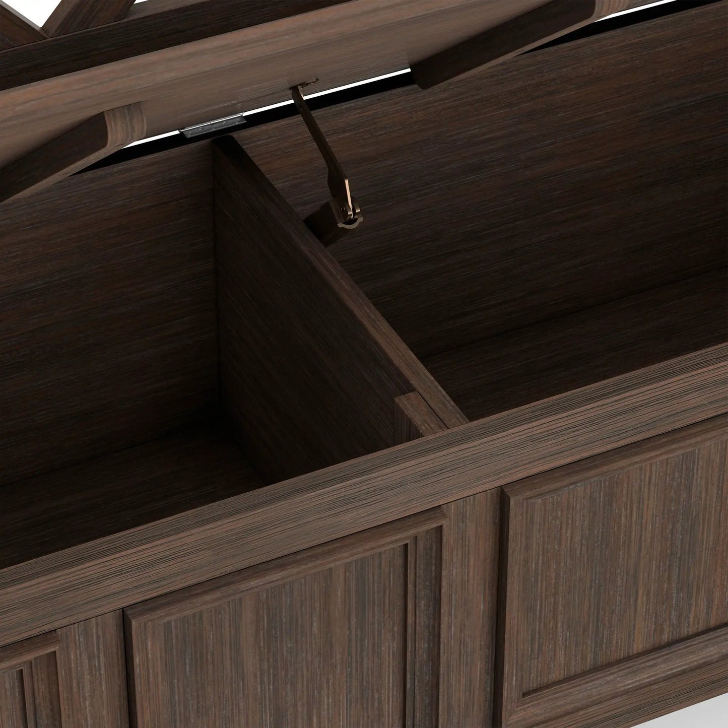 Amherst handcrafted entryway storage bench in dark wood with metal hinge support on Tampa Home & Garden Store