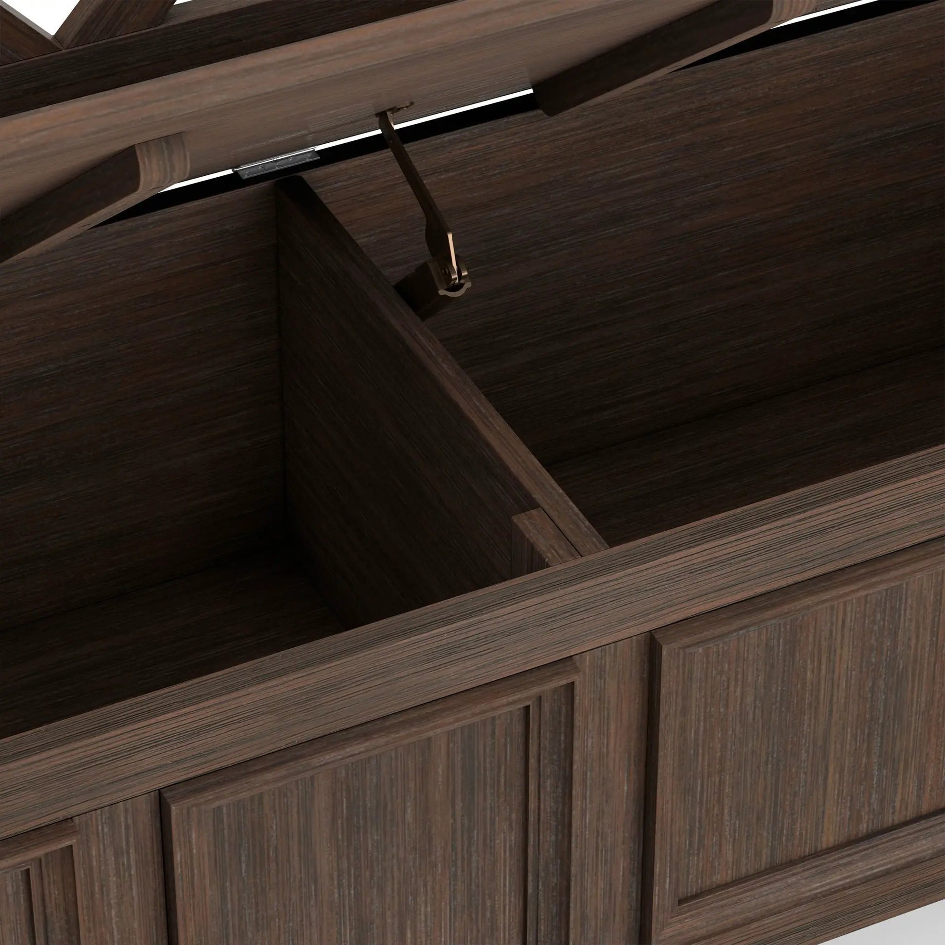 Amherst handcrafted entryway storage bench in dark wood with metal hinge support on Tampa Home & Garden Store