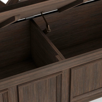Amherst handcrafted entryway storage bench in dark wood with metal hinge support on Tampa Home & Garden Store