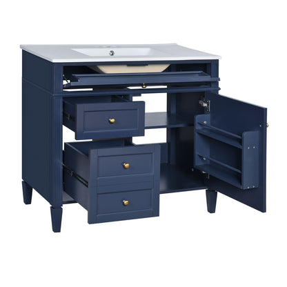Bathroom vanity with top sink in blue, white countertop, 2 drawers and a tip-out drawer on Tampa Home & Garden Store