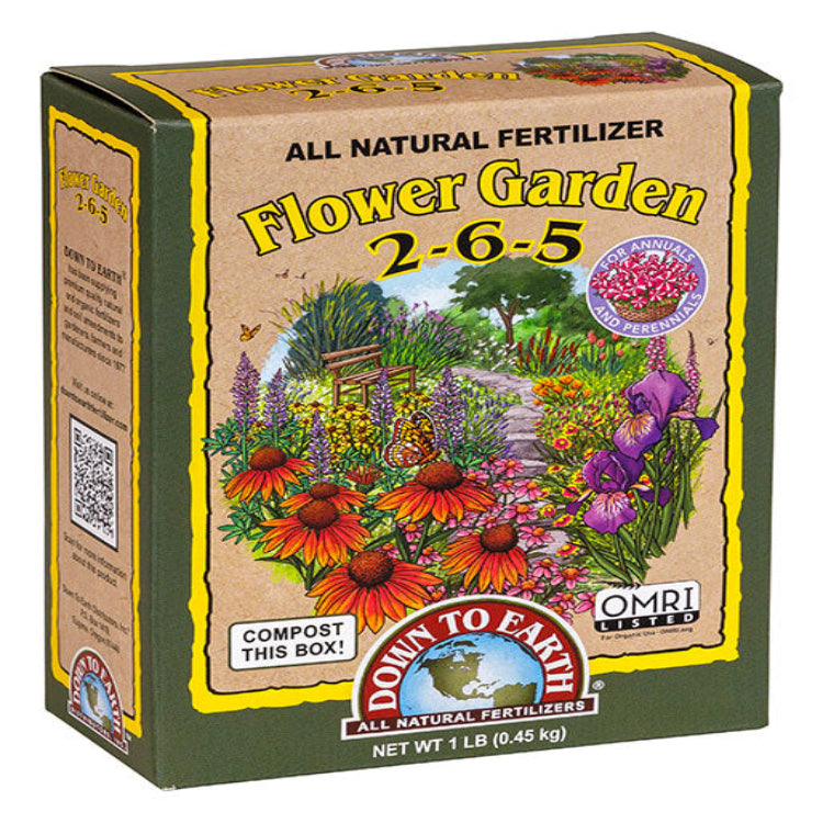 Down to Earth Flower Garden 2-6-5 all natural fertilizer box Rivendell Distribution 1 lb on Tampa Home & Garden Store
