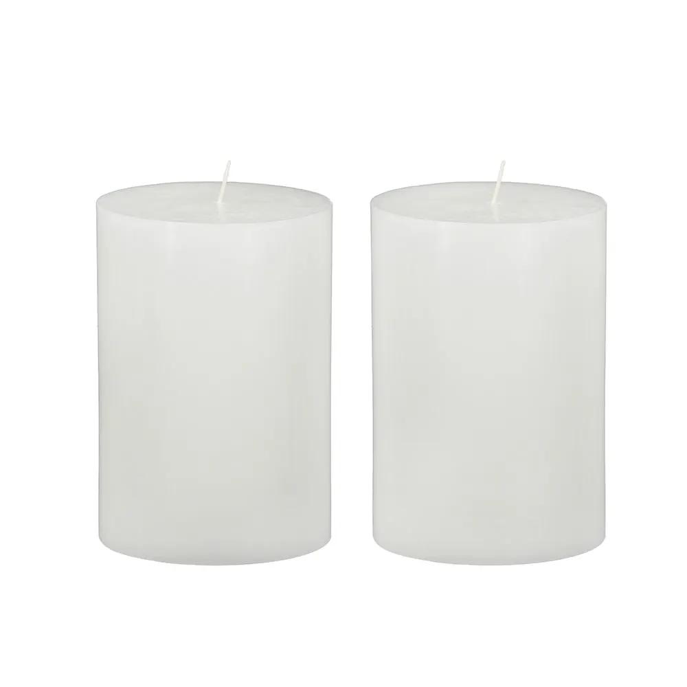 Unscented soy wax candles set of 2, white cylindrical pillars with visible wicks on Tampa Home & Garden Store