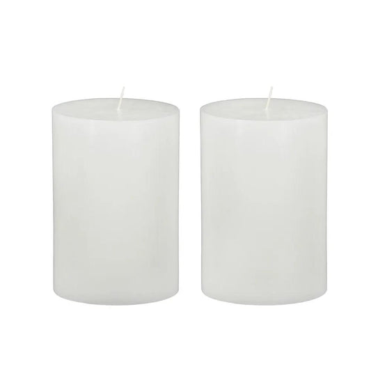 Unscented soy wax candles set of 2, white cylindrical pillars with visible wicks on Tampa Home & Garden Store