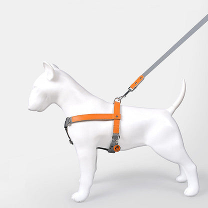 Pet Zen leather dog chest harness with orange nylon leash and metal hardware on white mannequin on Tampa Home & Garden Store