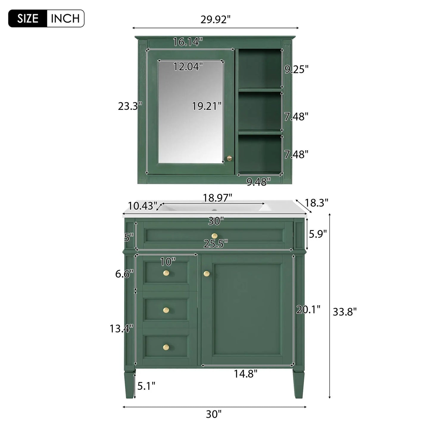 Bathroom vanity with medicine cabinet mirror, green finish, 2 soft-close doors and 4 drawers Unique Piece Furniture on Tampa Home & Garden Store