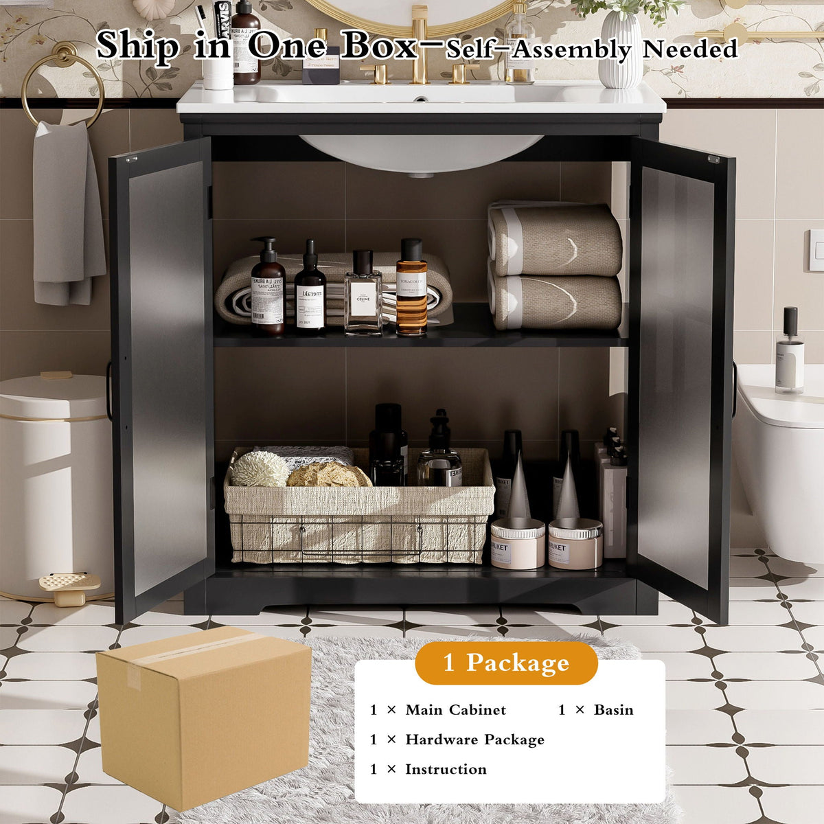 Modern bathroom vanity with ceramic sink, tempered blurred glass doors, black frame HouseOfZazla on Tampa Home & Garden Store
