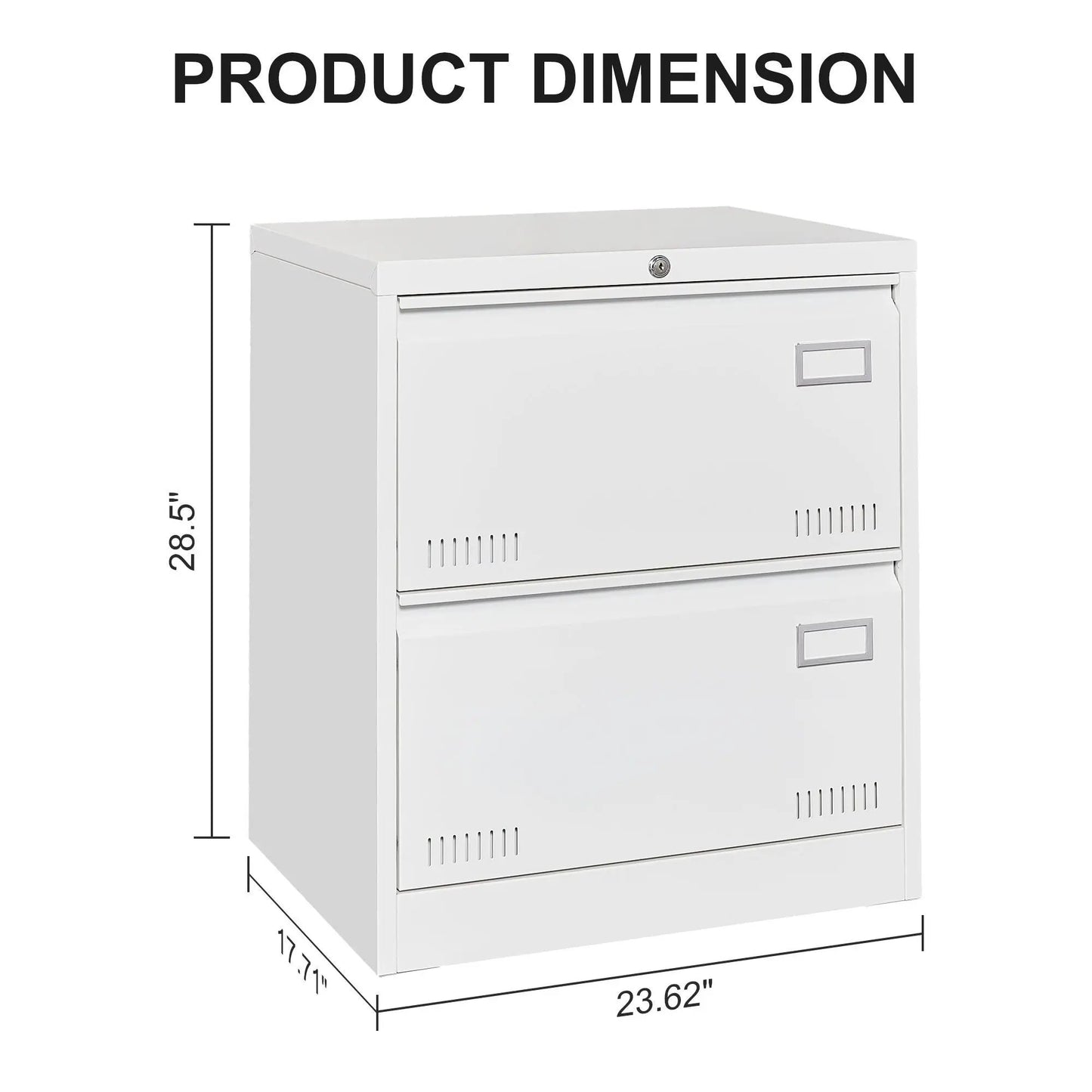 Three-drawer locking white metal filing cabinet by Unique Piece Furniture with key lock and label slot on Tampa Home & Garden Store