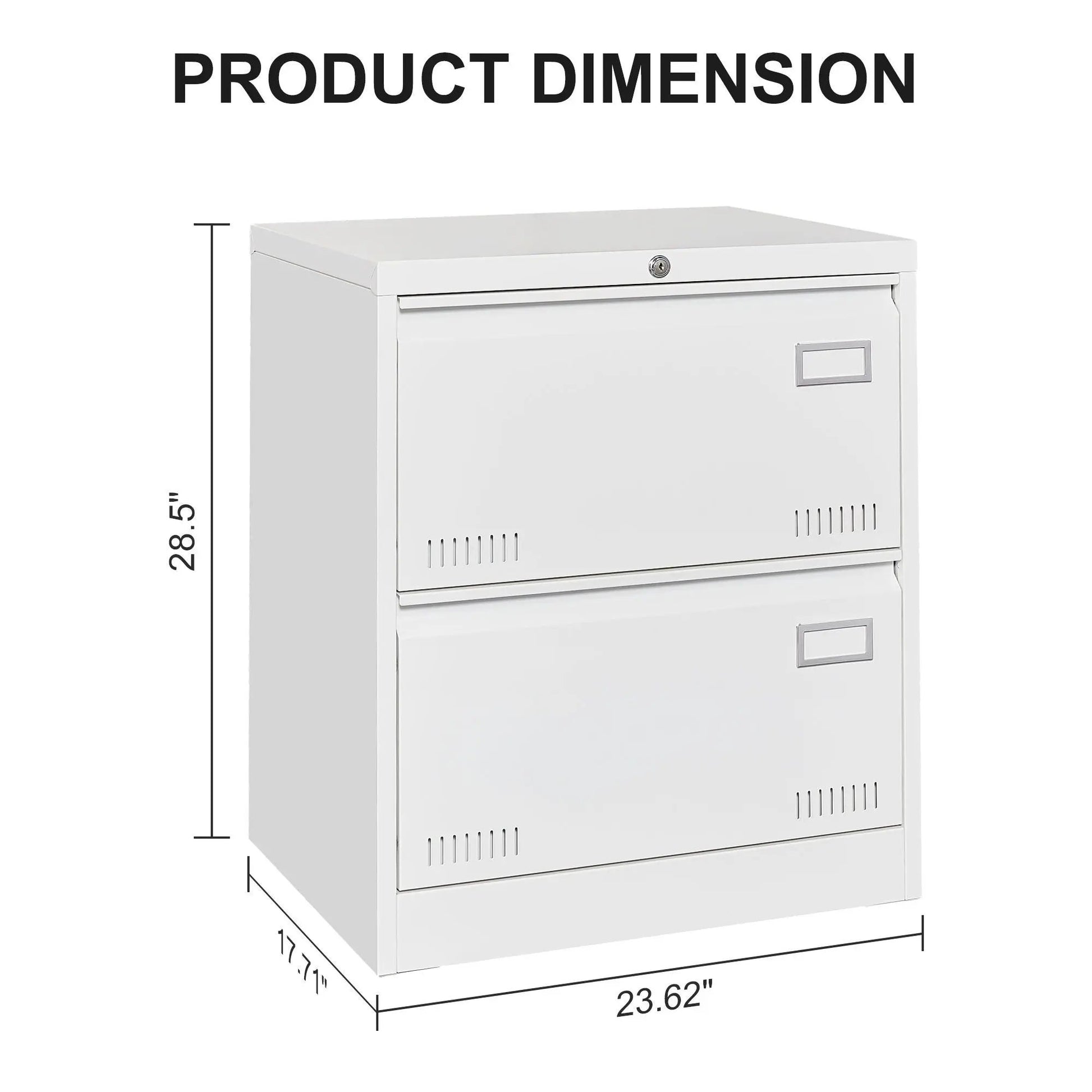 Three-drawer locking white metal filing cabinet by Unique Piece Furniture with key lock and label slot on Tampa Home & Garden Store