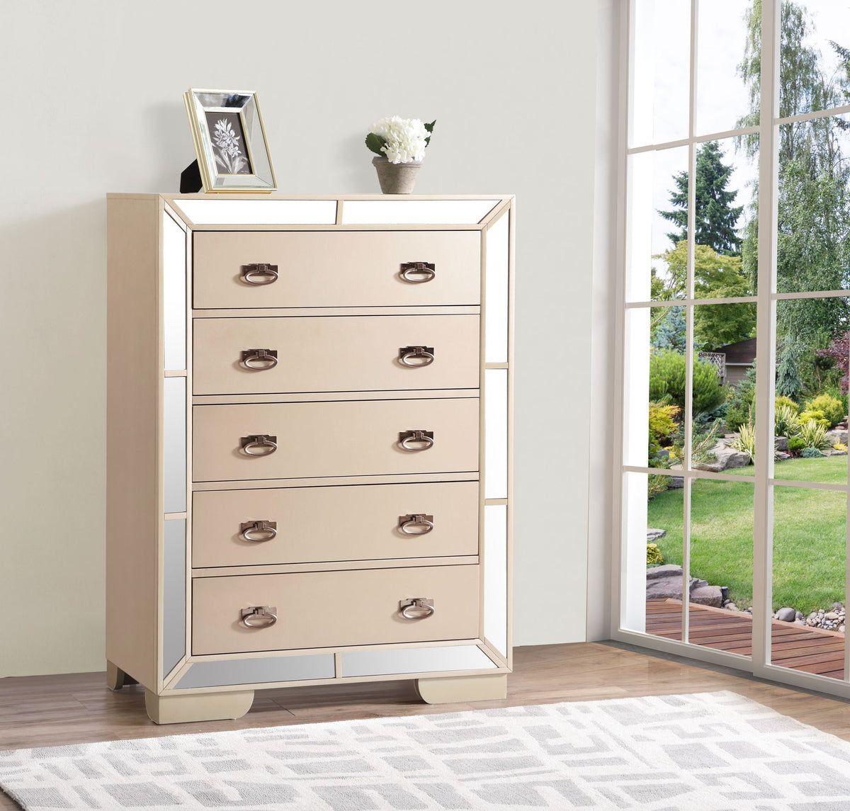 Sleek storage chest by HouseOfZazla in pearl beige; mirrored trim, 5-drawer accent chest on Tampa Home & Garden Store