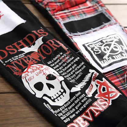 Men's ripped patch jeans with skull patch and plaid panels by FLIPSTYLEZLLC on Tampa Home & Garden Store