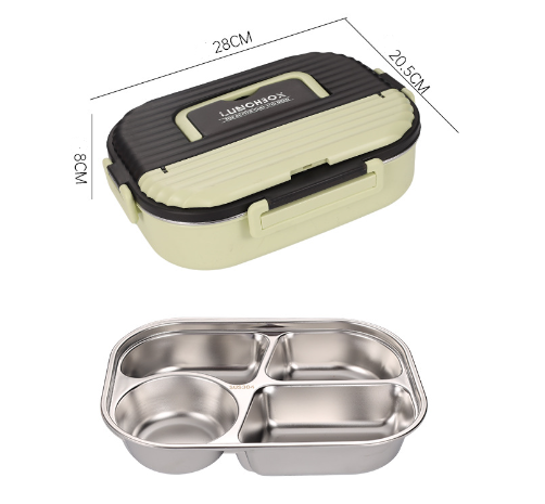 Two-piece microwaveable lunch box with black lid; stainless steel 4-compartment insert on Tampa Home & Garden Store