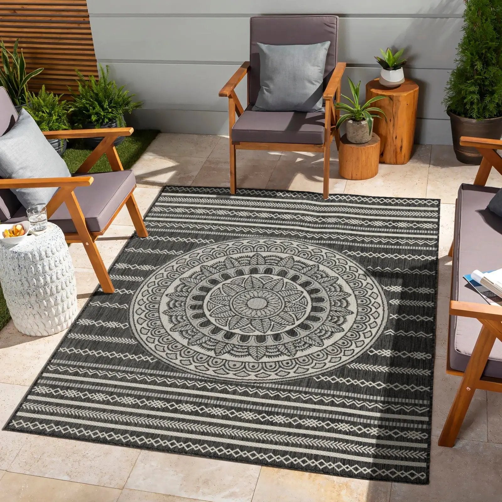 Sunshine polypropylene area rug indoor/outdoor black/gray mandala design by Unique Piece Furniture on Tampa Home & Garden Store