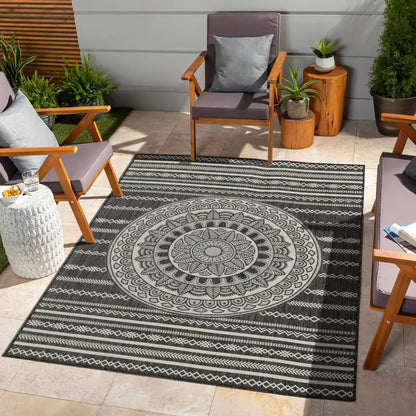 Sunshine polypropylene area rug indoor/outdoor black/gray mandala design by Unique Piece Furniture on Tampa Home & Garden Store