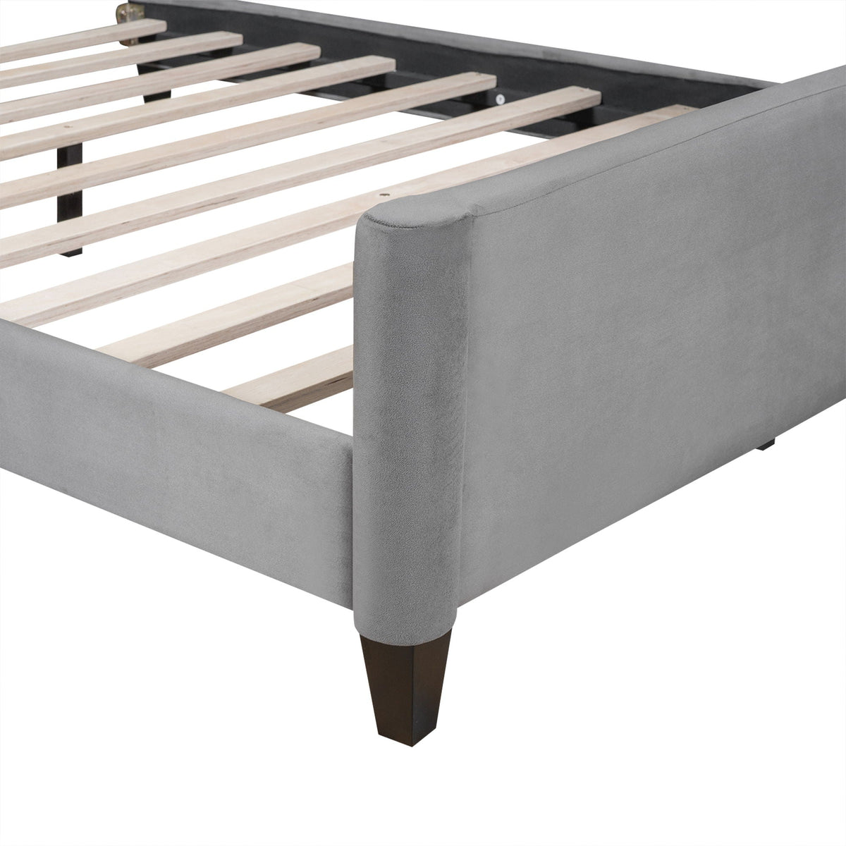 Modern Tufted Button Daybed in gray fabric, with light wood slats and tapered legs on Tampa Home & Garden Store