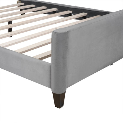 Modern Tufted Button Daybed in gray fabric, with light wood slats and tapered legs on Tampa Home & Garden Store