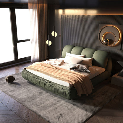 Luxury upholstered platform bed with padded backrest and solid wood frame in green fabric on Tampa Home & Garden Store