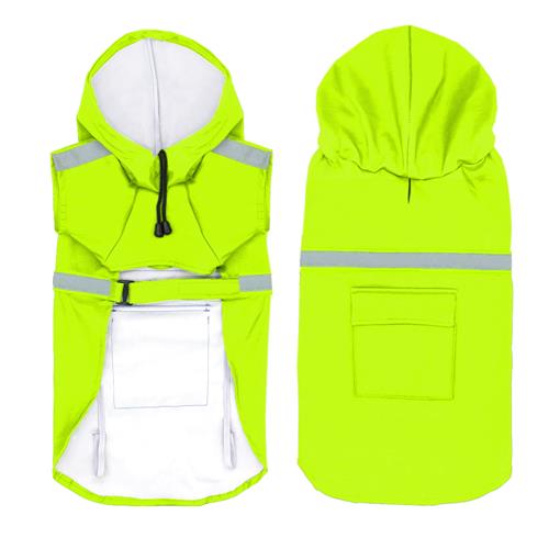 Waterproof reflective dog raincoat Pet Zen, neon yellow with hood and silver reflective bands on Tampa Home & Garden Store