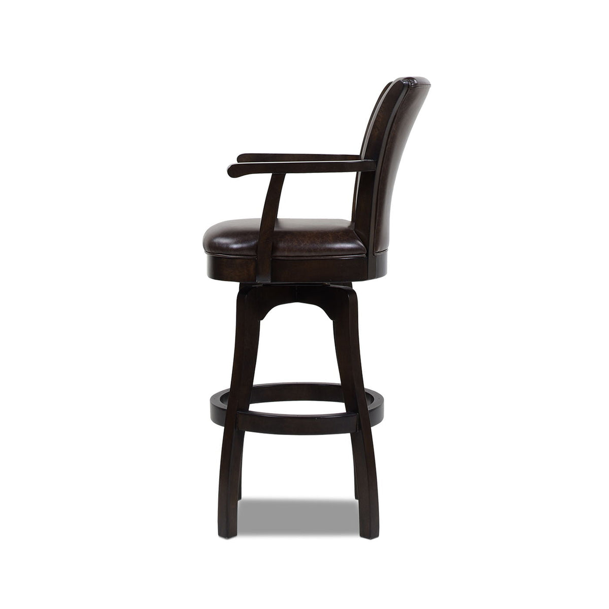 Williams Swivel Bar Stool with Armrests, dark brown leather, hardwood frame, 28–30 HouseOfZazla on Tampa Home & Garden Store