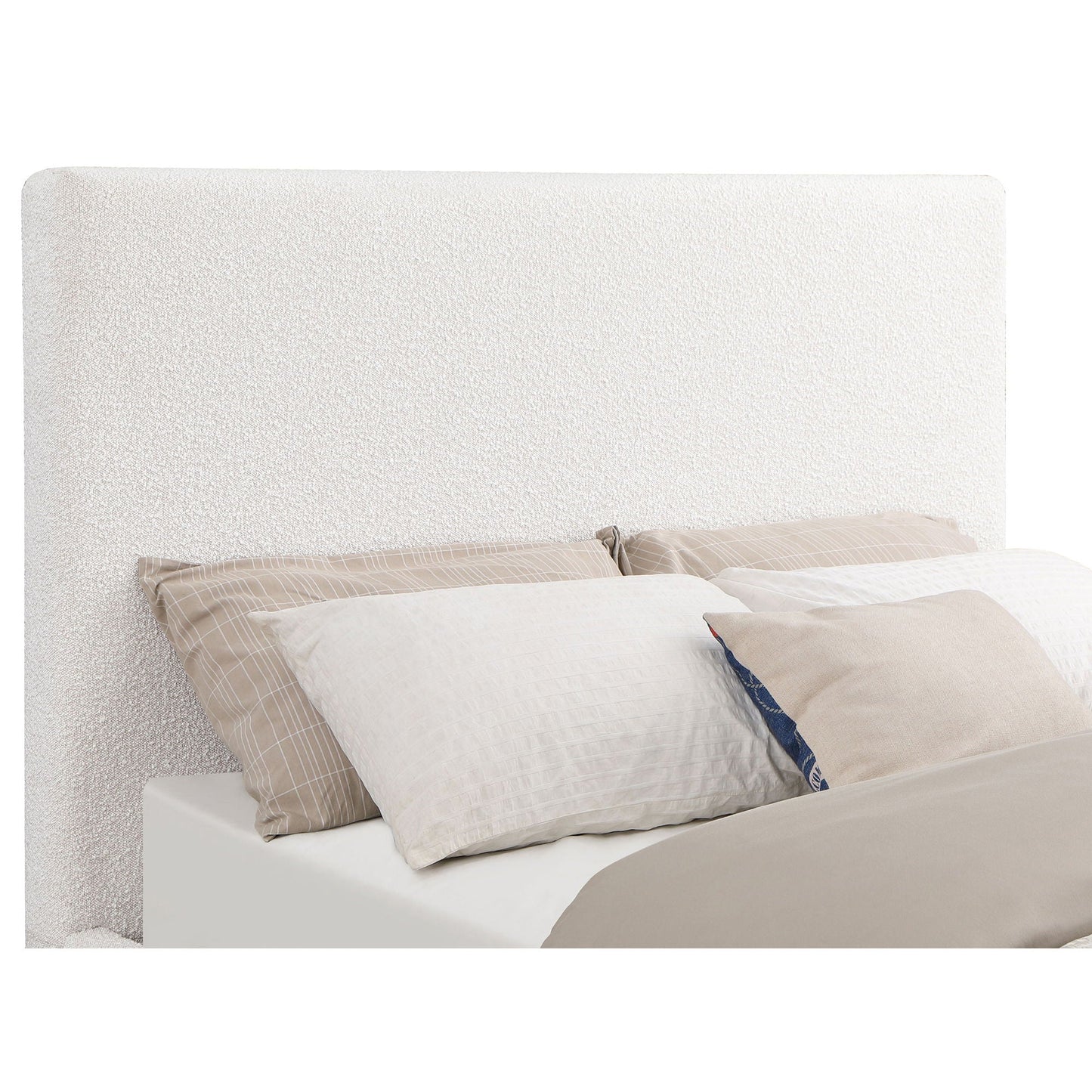 Othello platform bed in cream upholstery with beige bedding on Tampa Home & Garden Store