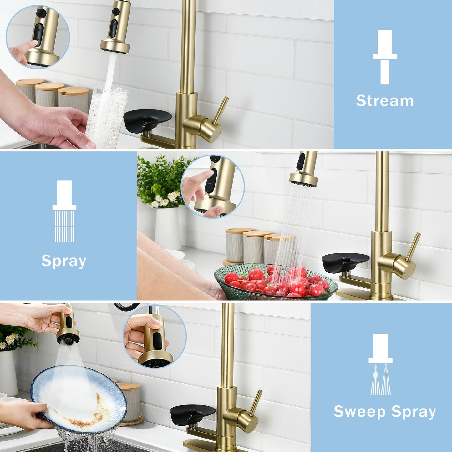 3 In 1 Kitchen Faucet and Press Glass Rinser
