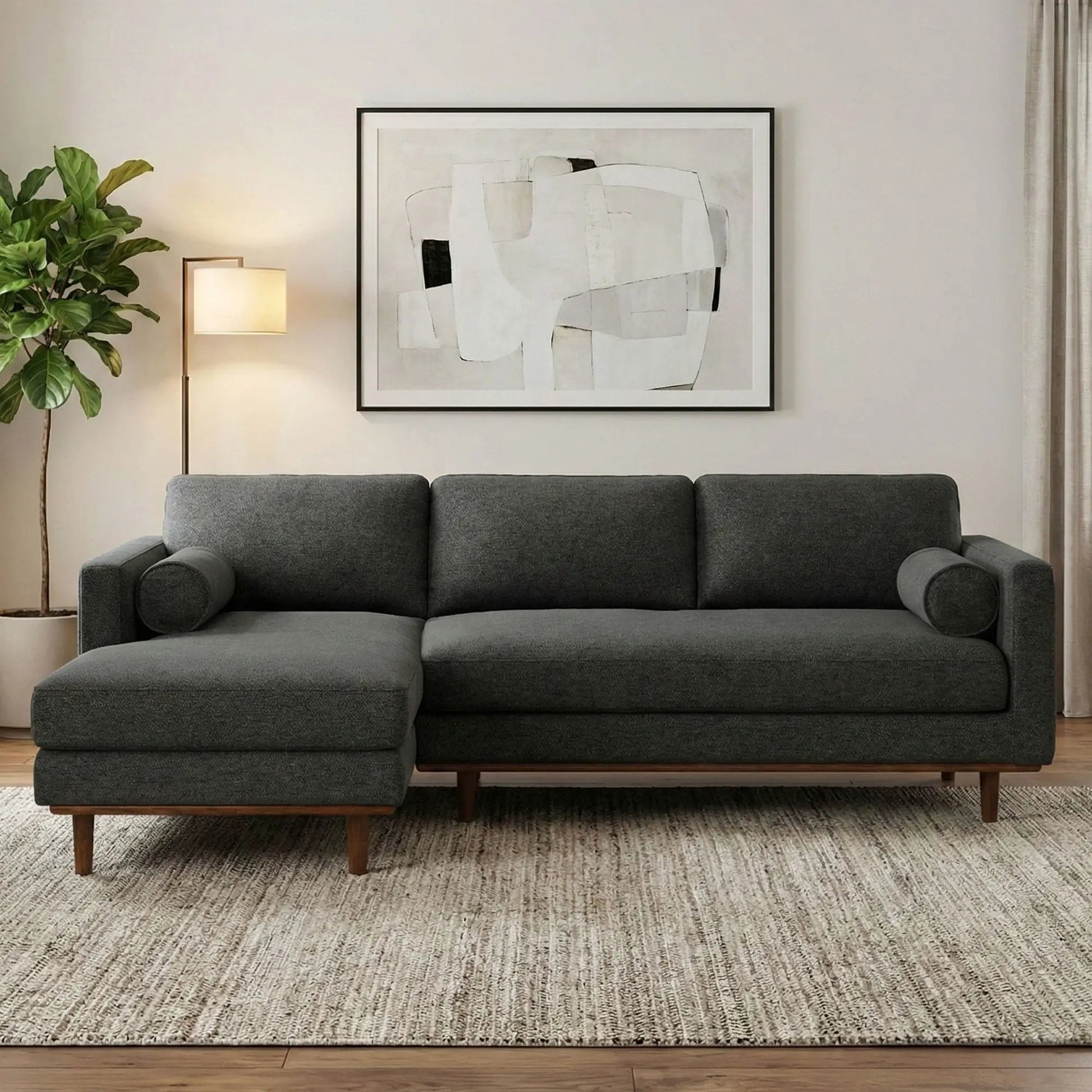 Morrison upholstered stationary sectional sofa dark gray fabric with wooden legs chaise on Tampa Home & Garden Store