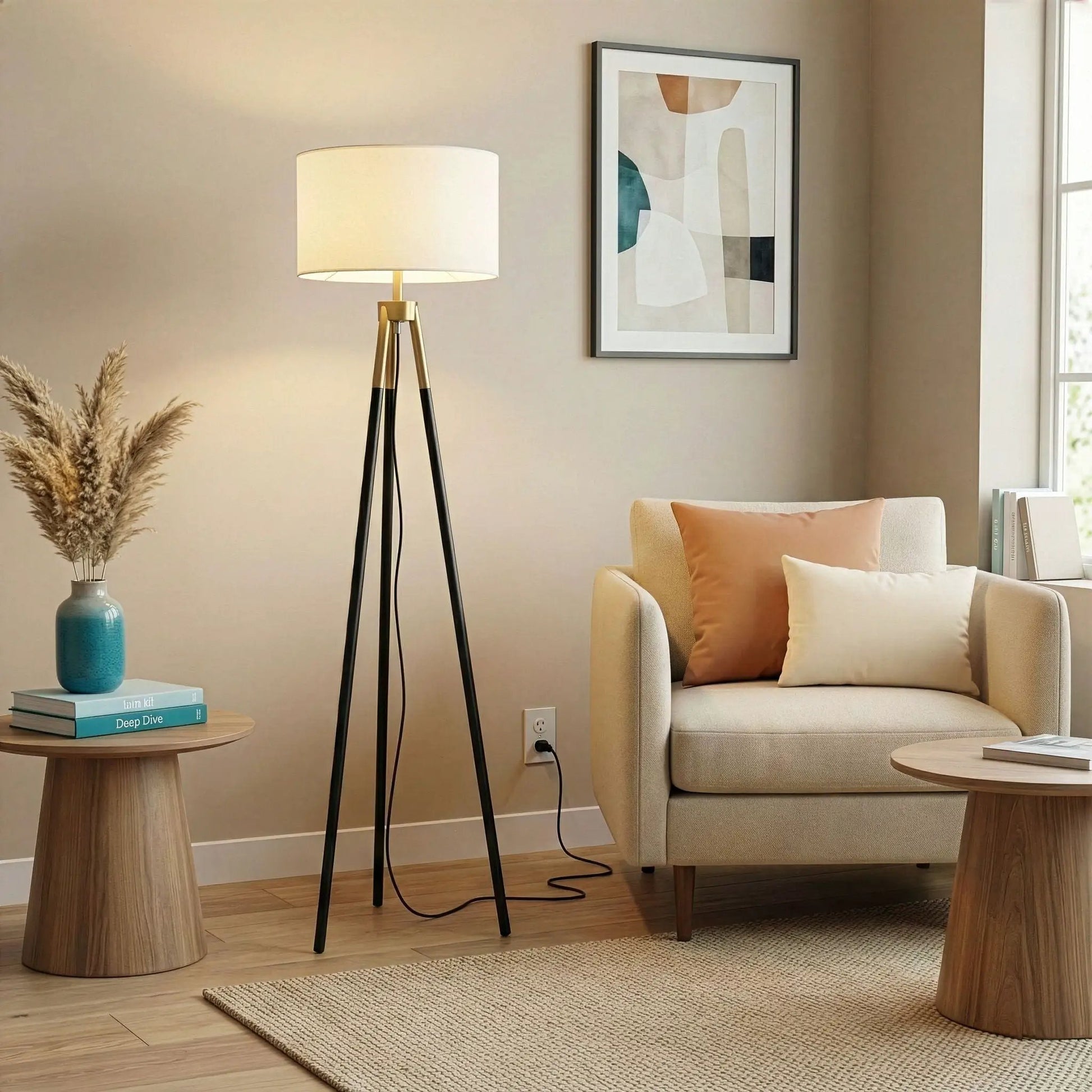 Sway floor lamp with triple black legs, gold accents, white fabric shade on Tampa Home & Garden Store
