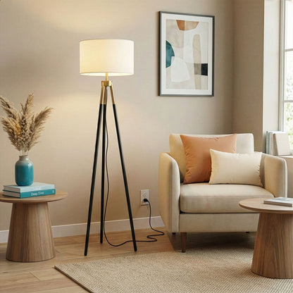 Sway floor lamp HouseOfZazla with on/off switch, triple black legs, gold accents, white shade on Tampa Home & Garden Store