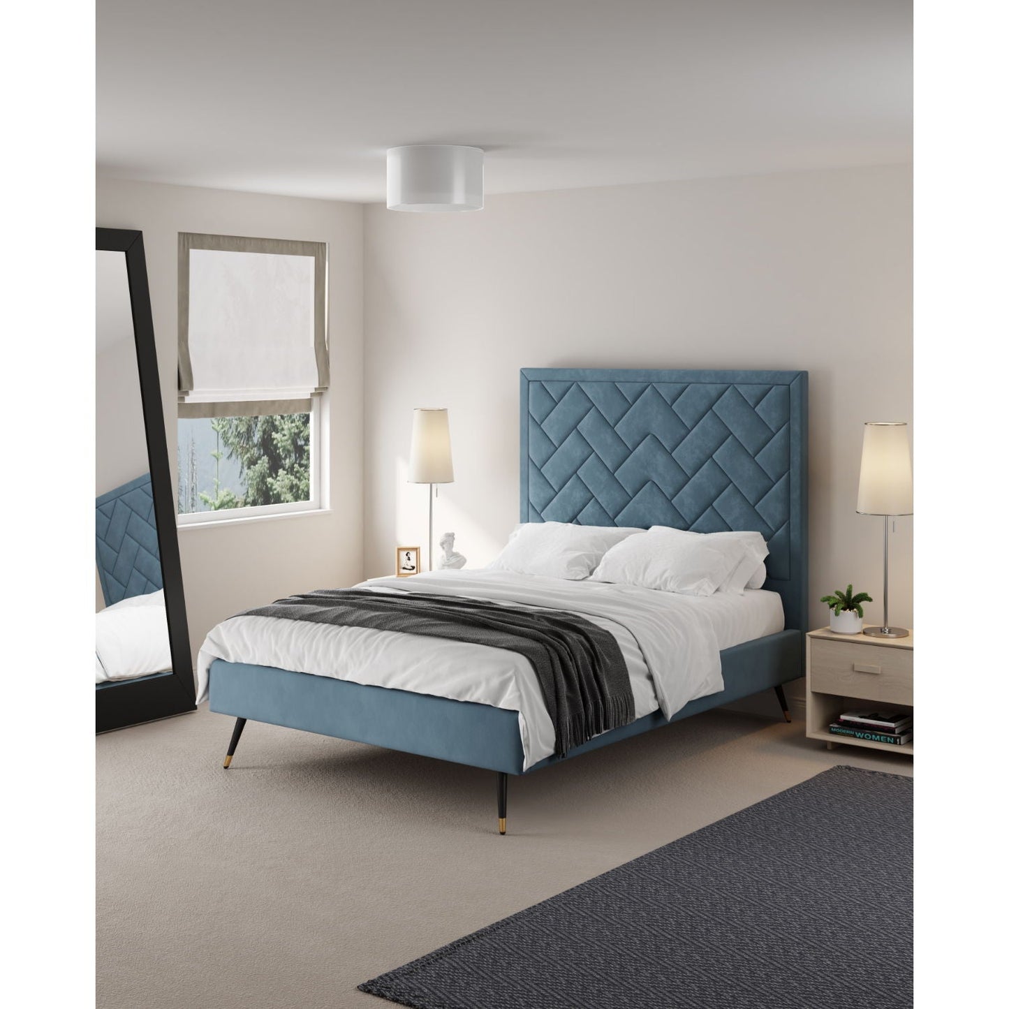 Crosby bed with blue upholstered headboard and slats by HouseOfZazla on Tampa Home & Garden Store