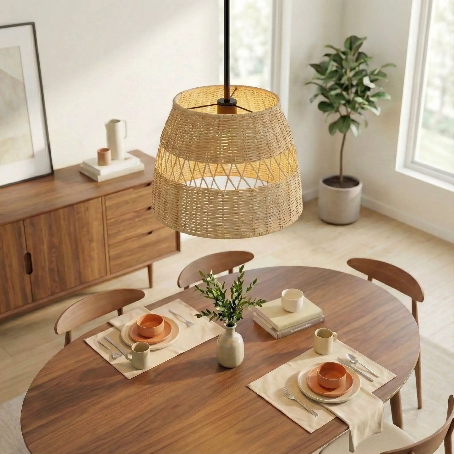 Essence pendant light with black rod and woven rattan shade on Tampa Home & Garden Store