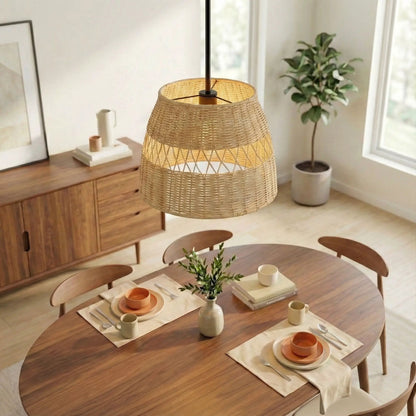 Essence pendant light with black rod and woven rattan shade on Tampa Home & Garden Store