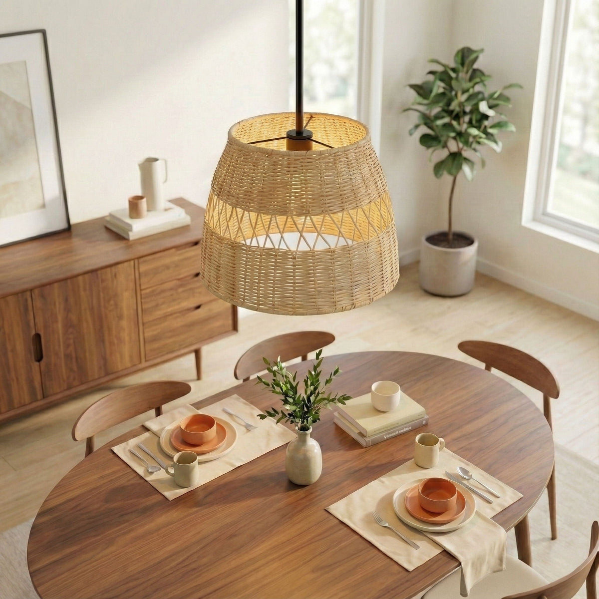 Essence single pendant light with shade in black and rattan, by HouseOfZazla on Tampa Home & Garden Store