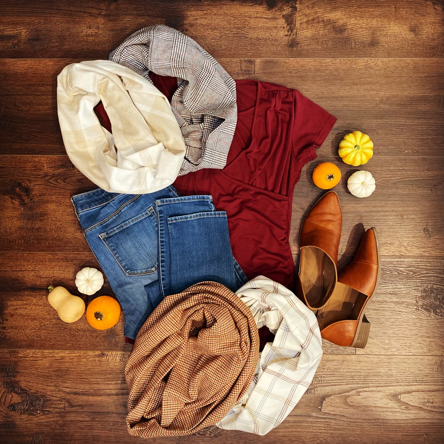 Écharpe infinie ou couverture en flanelle à carreaux Glen Check marron foncé et crème avec orange brûlé