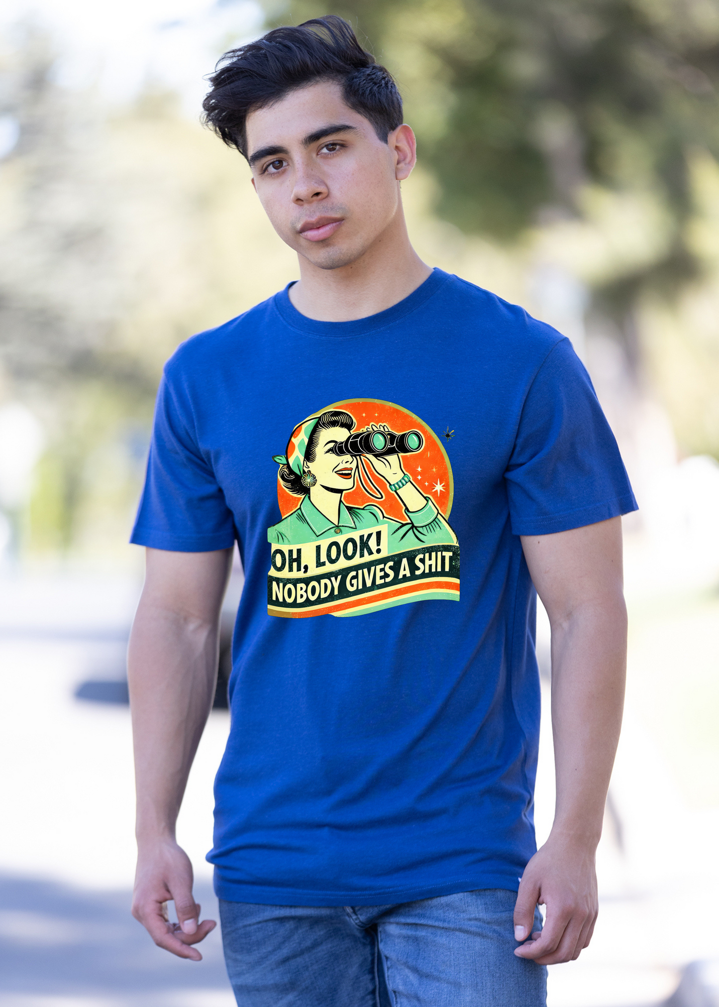 Funny Retro Woman Unisex Bamboo/Cotton Graphic T-Shirt blue tee with retro binoculars print on Tampa Home & Garden Store