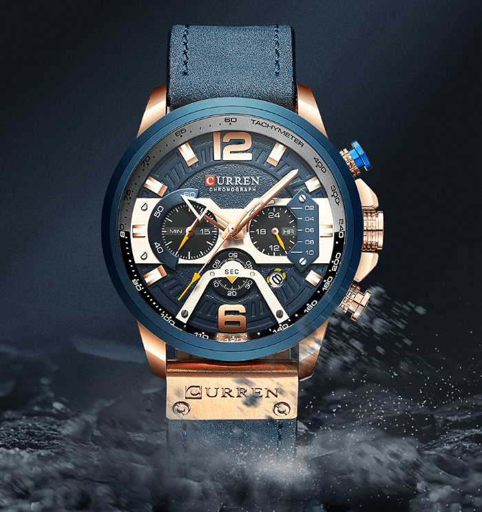 Curren waterproof chronograph watch with blue bezel and leather strap and large numerals on Tampa Home & Garden Store