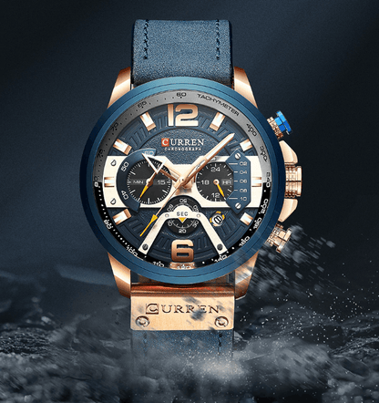 Curren waterproof chronograph watch with blue bezel and leather strap and large numerals on Tampa Home & Garden Store