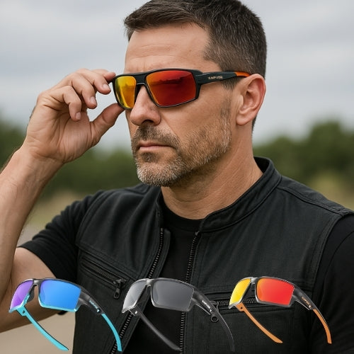 Kapvoe polarized sunglasses UV400 black frame orange temples BikerZoneZ five color variants on Tampa Home & Garden Store